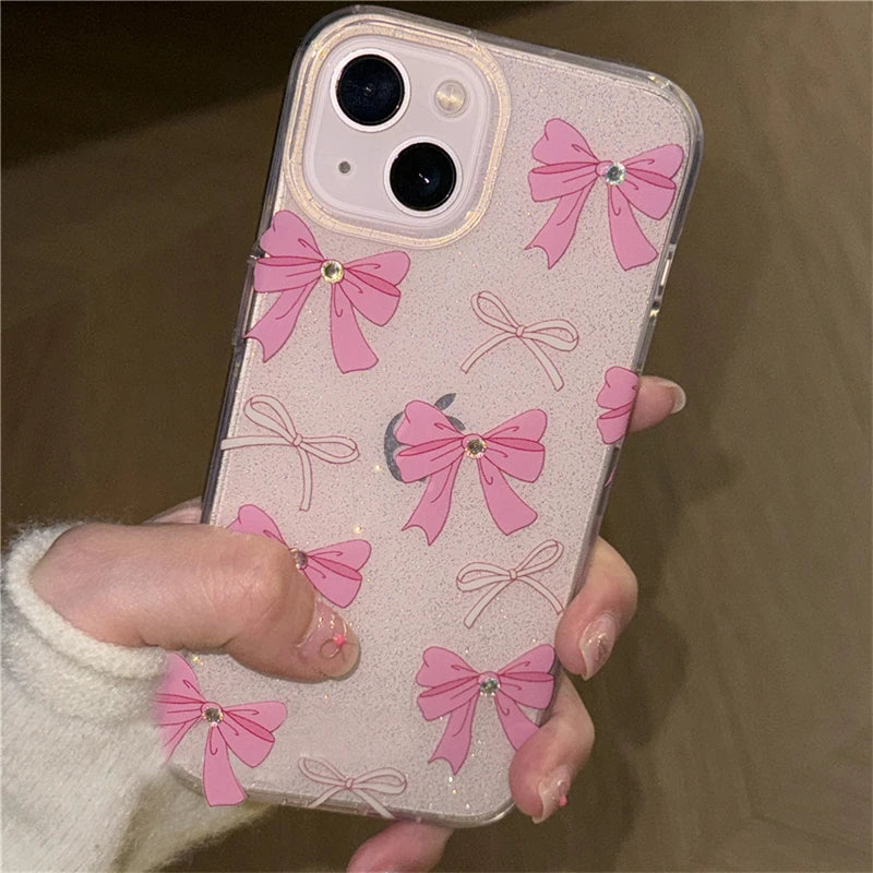 Korean Cute Bowknot Glitter Clear Phone Case For iPhone 15 14 13 12 11 Pro Max Plus Lovely Bow Shockproof Protective Back Cover