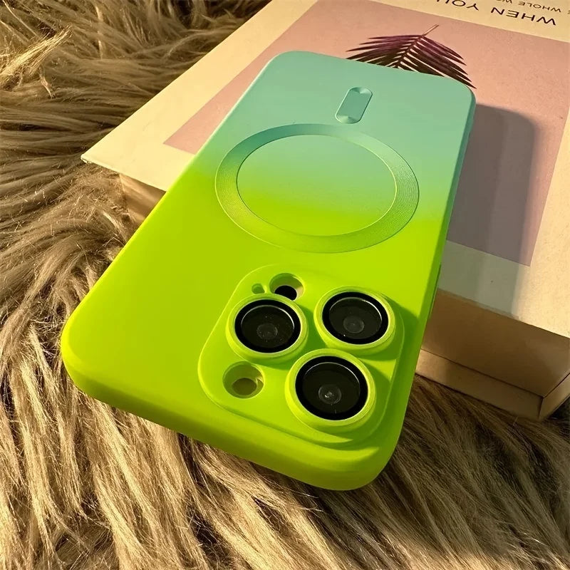 Gradient Dual Color Magnetic Liquid Silicone Phone Case Suitable for iPhone 11 12 13 14 15 Pro Max Precision Hole Lens Cover