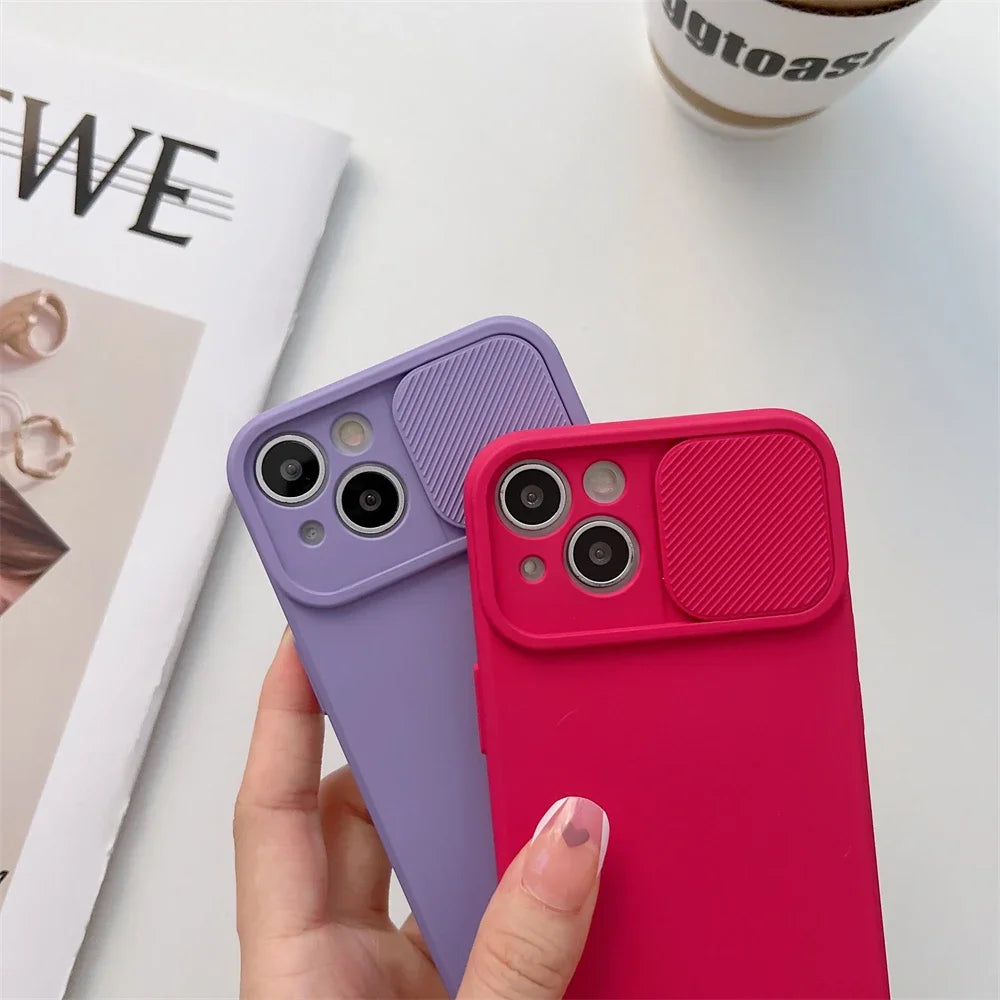 Slide Camera Protection Candy Color Soft Silicone Phone Case For iPhone 15 14 13 12 11 Pro XS Max X XR 7 8 15 Plus Bumper Cover