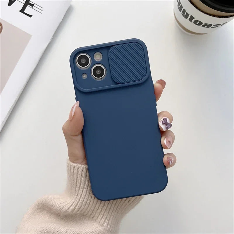 Slide Camera Protection Candy Color Soft Silicone Phone Case For iPhone 15 14 13 12 11 Pro XS Max X XR 7 8 15 Plus Bumper Cover