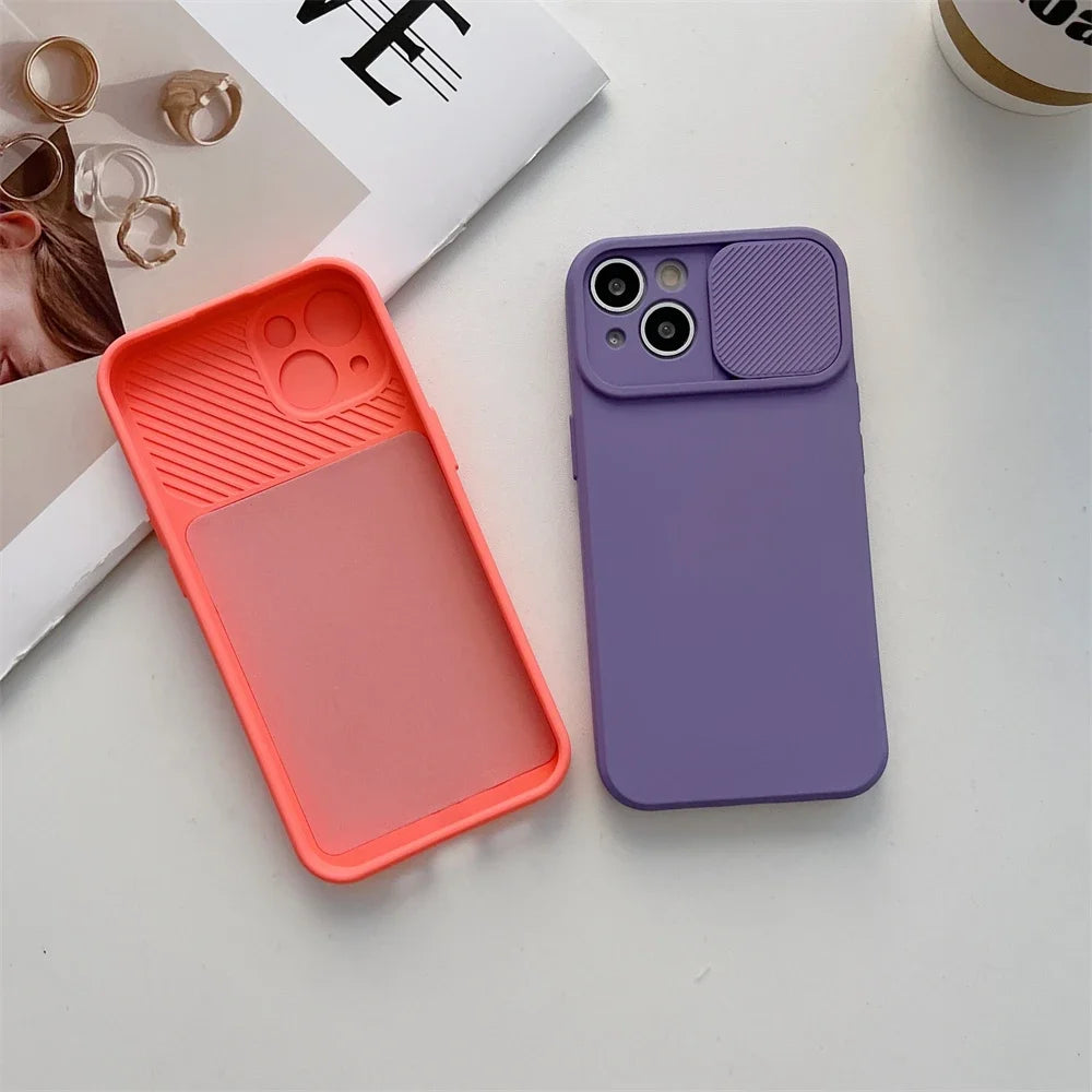 Slide Camera Protection Candy Color Soft Silicone Phone Case For iPhone 15 14 13 12 11 Pro XS Max X XR 7 8 15 Plus Bumper Cover