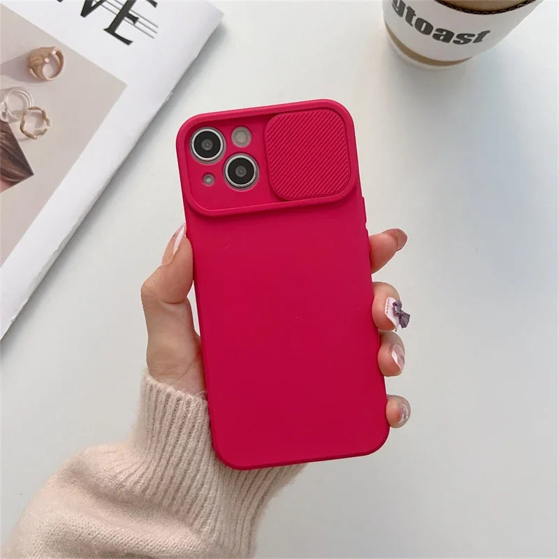 Slide Camera Protection Candy Color Soft Silicone Phone Case For iPhone 15 14 13 12 11 Pro XS Max X XR 7 8 15 Plus Bumper Cover