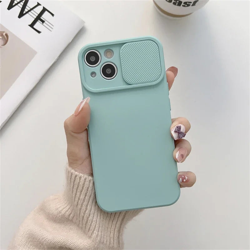 Slide Camera Protection Candy Color Soft Silicone Phone Case For iPhone 15 14 13 12 11 Pro XS Max X XR 7 8 15 Plus Bumper Cover