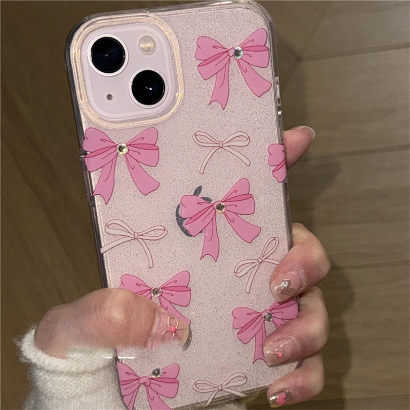 Korean Cute Bowknot Glitter Clear Phone Case For iPhone 15 14 13 12 11 Pro Max Plus Lovely Bow Shockproof Protective Back Cover