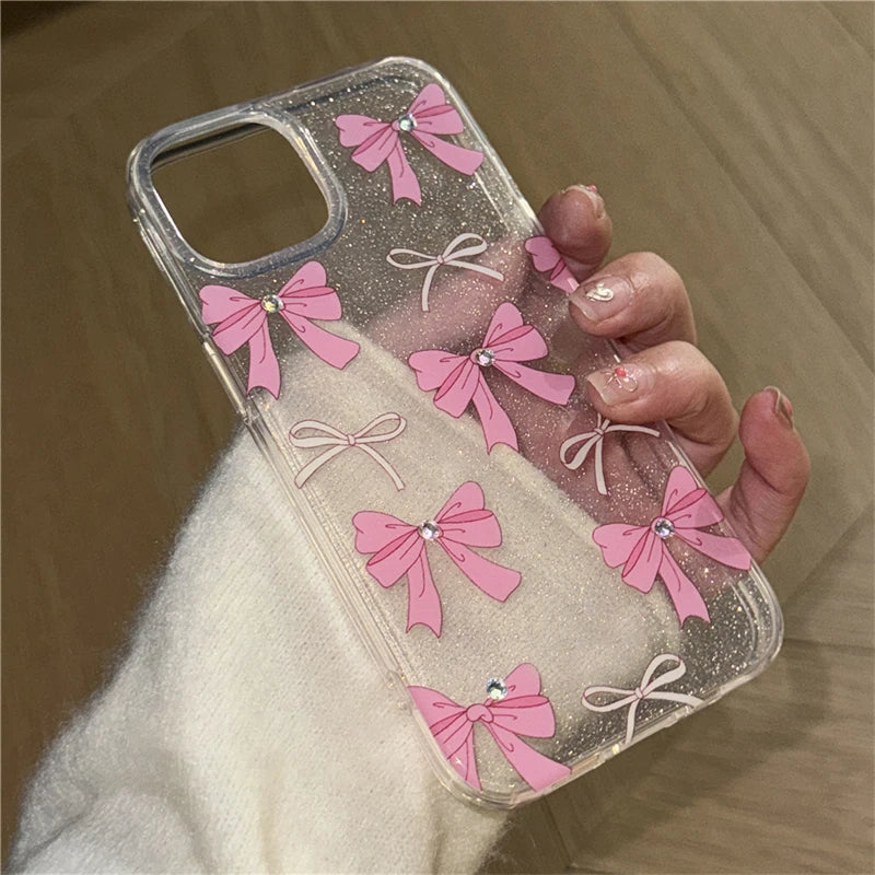 Korean Cute Bowknot Glitter Clear Phone Case For iPhone 15 14 13 12 11 Pro Max Plus Lovely Bow Shockproof Protective Back Cover