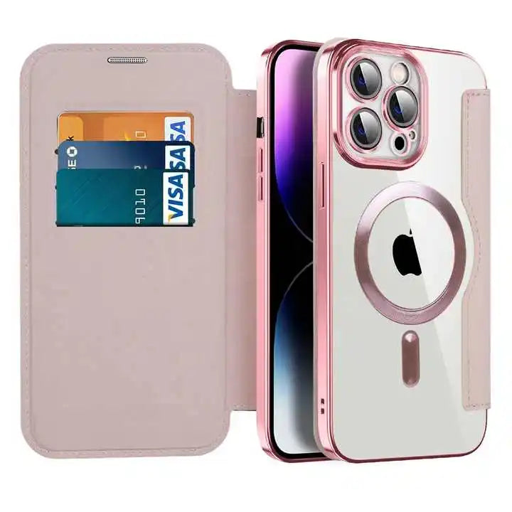 Wireless Charging Flip Leather Phone Case For iPhone 11 12 13 14Plus 15 Pro Max Senior Clear Shockproof Business Card Slot Cover