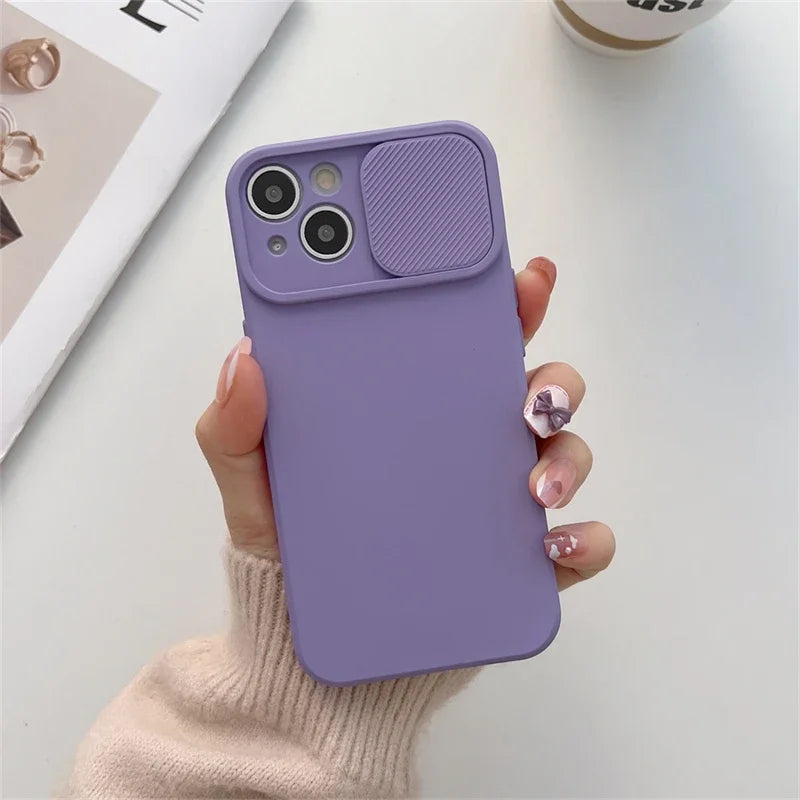 Slide Camera Protection Candy Color Soft Silicone Phone Case For iPhone 15 14 13 12 11 Pro XS Max X XR 7 8 15 Plus Bumper Cover