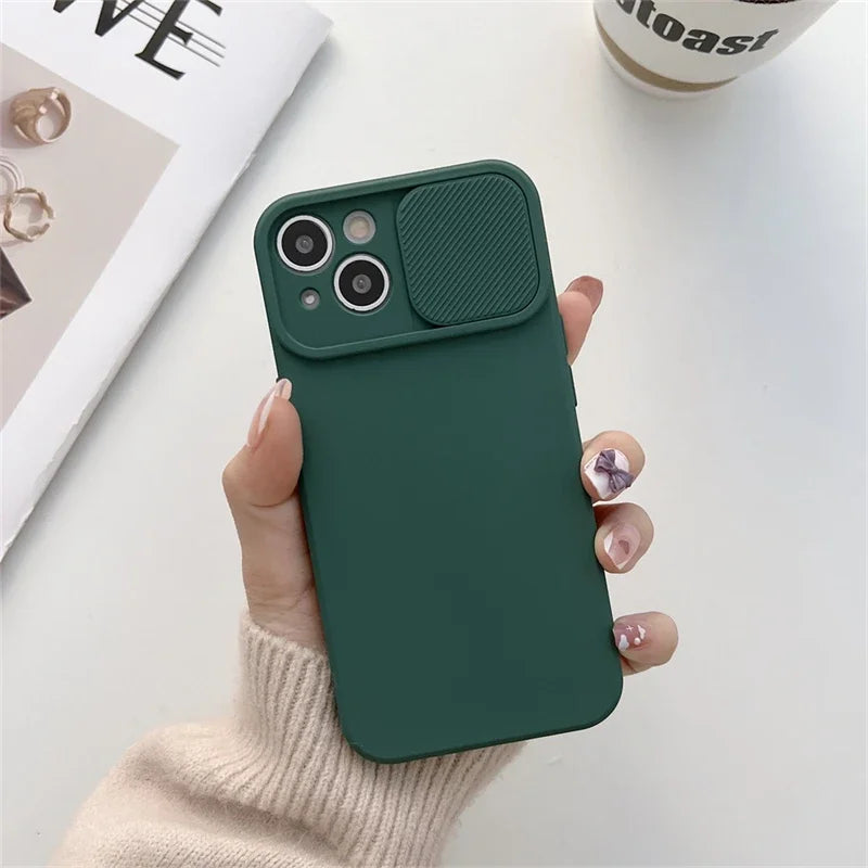 Slide Camera Protection Candy Color Soft Silicone Phone Case For iPhone 15 14 13 12 11 Pro XS Max X XR 7 8 15 Plus Bumper Cover