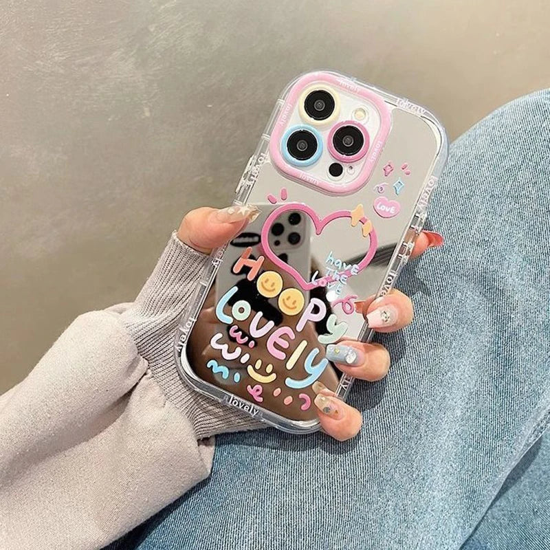 Hot Love Heart Air Cushion Mirror Phone Case For iPhone 16 15 14 13 Pro Max 13 12 11 Pro X XR XS MAX 7 8 Plus Girl Cover Y2k