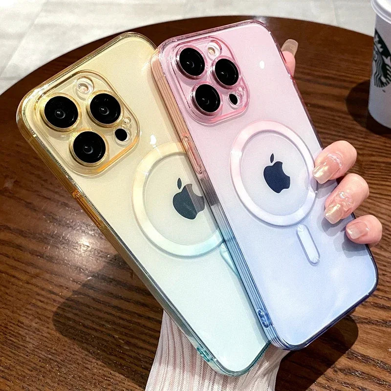 Luxury Gradient Pattern Wireless Charge Magsafe Case For iPhone 11 12 13 14 15 16 Pro Max Plus Soft Transparent Magnetic Cover