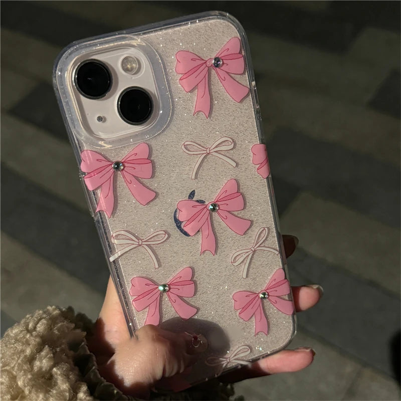 Korean Cute Bowknot Glitter Clear Phone Case For iPhone 15 14 13 12 11 Pro Max Plus Lovely Bow Shockproof Protective Back Cover