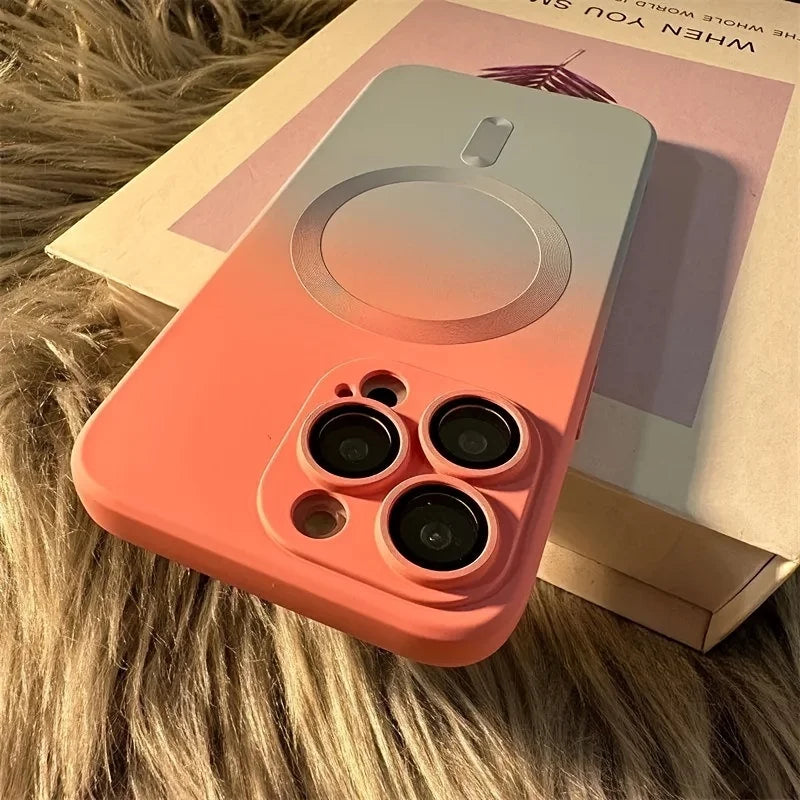 Gradient Dual Color Magnetic Liquid Silicone Phone Case Suitable for iPhone 11 12 13 14 15 Pro Max Precision Hole Lens Cover