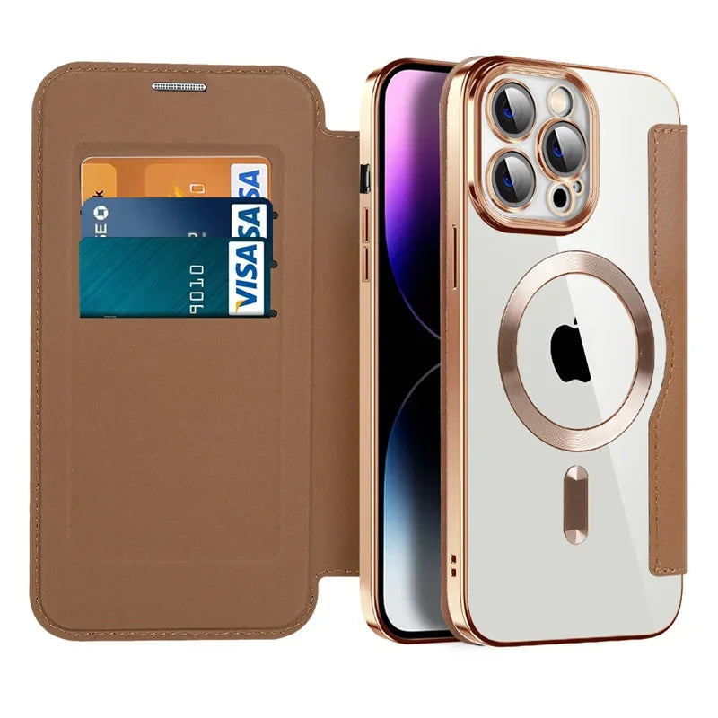 Wireless Charging Flip Leather Phone Case For iPhone 11 12 13 14Plus 15 Pro Max Senior Clear Shockproof Business Card Slot Cover