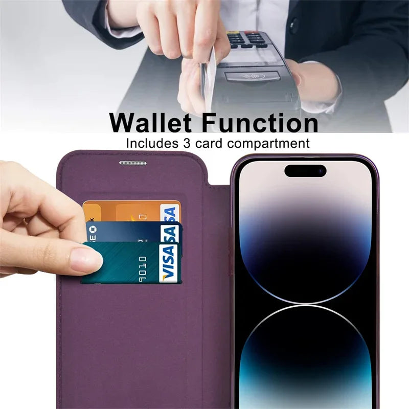 Wireless Charging Flip Leather Phone Case For iPhone 11 12 13 14Plus 15 Pro Max Senior Clear Shockproof Business Card Slot Cover