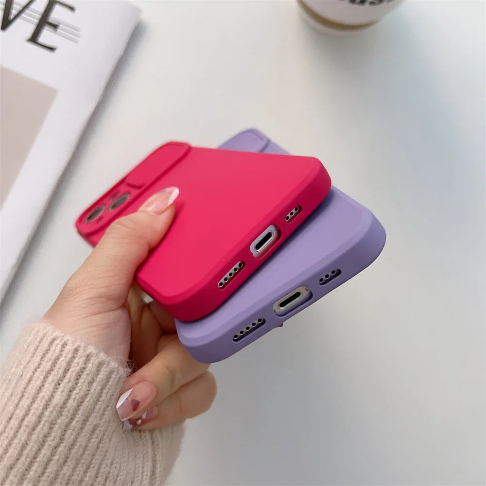 Slide Camera Protection Candy Color Soft Silicone Phone Case For iPhone 15 14 13 12 11 Pro XS Max X XR 7 8 15 Plus Bumper Cover