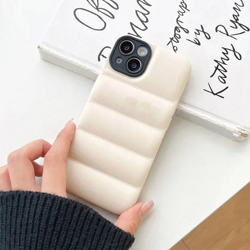 Luxury Candy Color Down Jacket The Puffer Phone Case For iPhone 16 15 14 13 12 11 Pro Mini Xs Max X Xr 8 Puls Soft Leather Cover