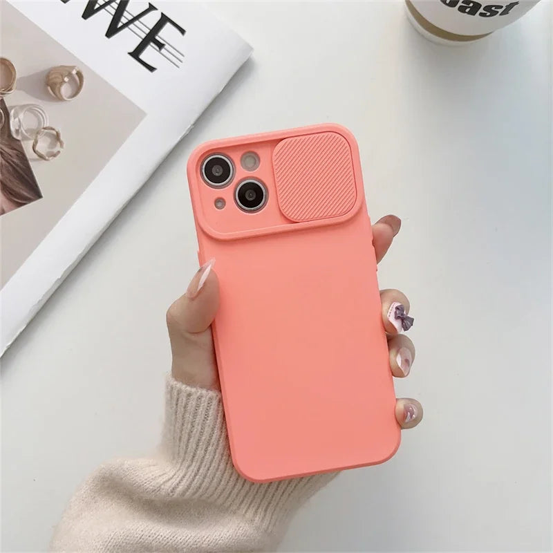 Slide Camera Protection Candy Color Soft Silicone Phone Case For iPhone 15 14 13 12 11 Pro XS Max X XR 7 8 15 Plus Bumper Cover