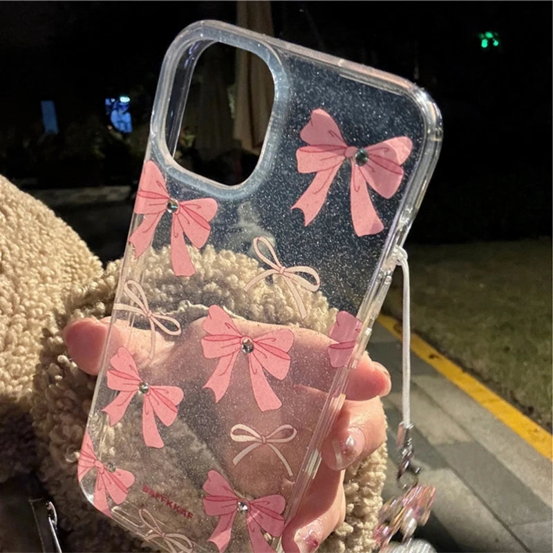 Korean Cute Bowknot Glitter Clear Phone Case For iPhone 15 14 13 12 11 Pro Max Plus Lovely Bow Shockproof Protective Back Cover